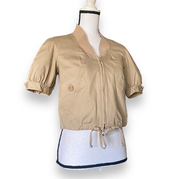 Vntg Y2k Sharagano Studio Cropped Utility Bomber Jacket Sz L Tan Puff Sleeve - Picture 12 of 13